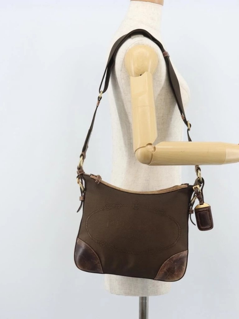 Prada Shoulder Bag Canvas Brown Gold Auth
